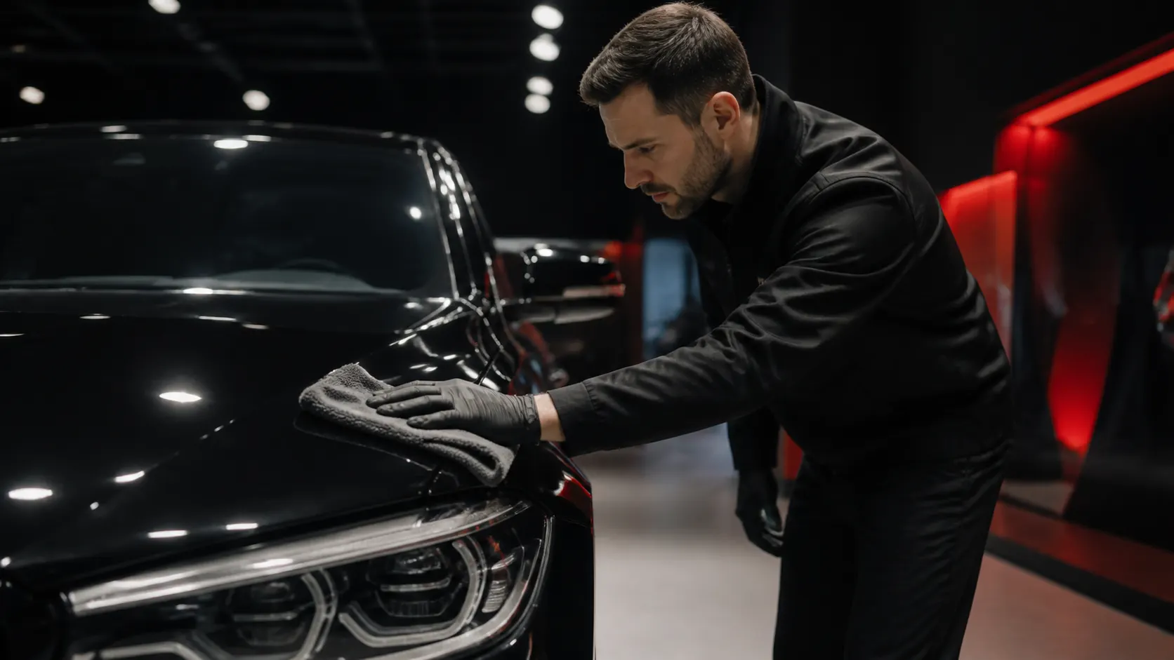 Professionelle Fahrzeugpflege von Hand an einem dunklen Fahrzeug